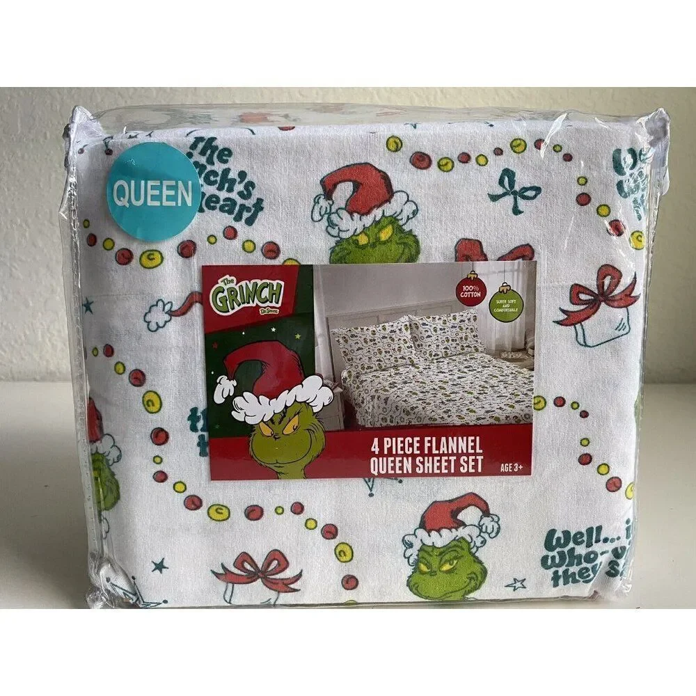 4 Pc Dr. Seuss The Grinch QUEEN Size Cotton Flannel Sheet Set Christmas Soft NEW